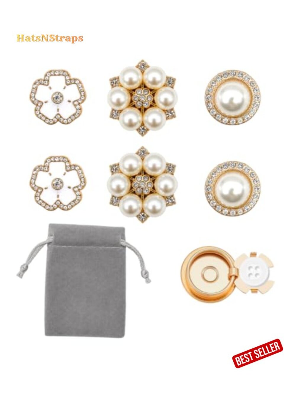 Clip-On Button Covers for Women's Blouses, Pearl & Rhinestone Set of 6